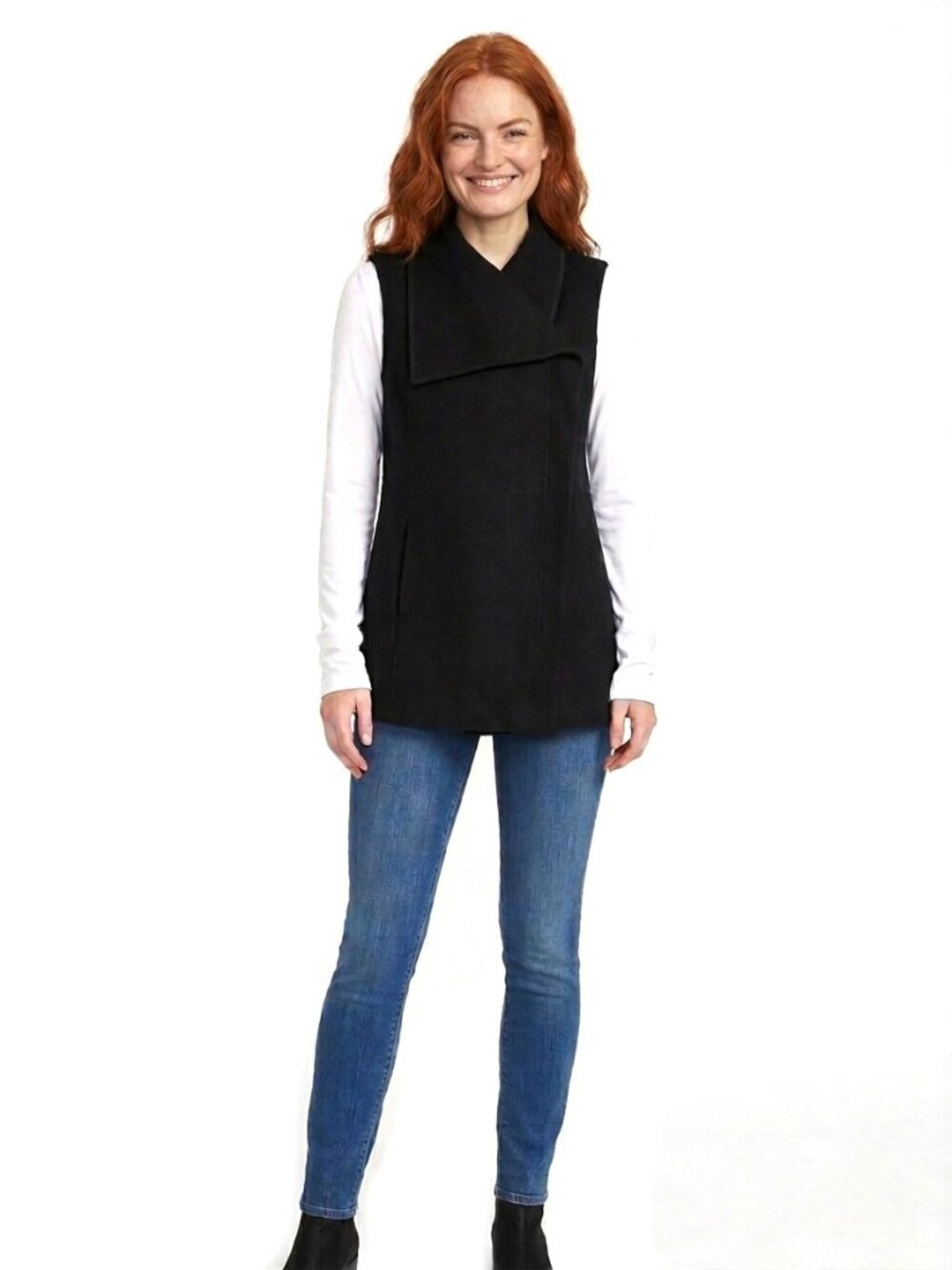 Pendleton 100% Merino Wool Long Vest Black Asymmetrical Zip XL Pockets